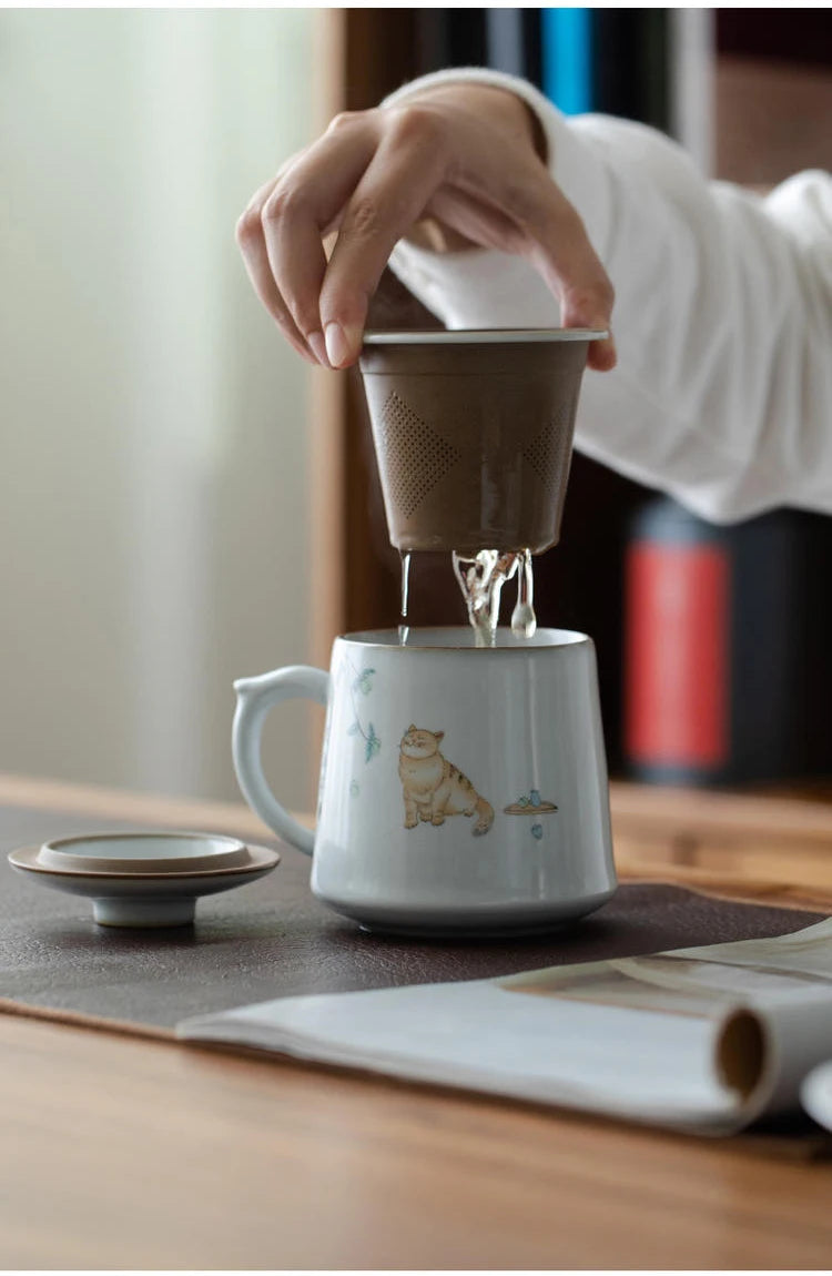 yuntasty ceramic tea mugs with filters cute cat coffee cup chinese tea cup drinkware 380ml