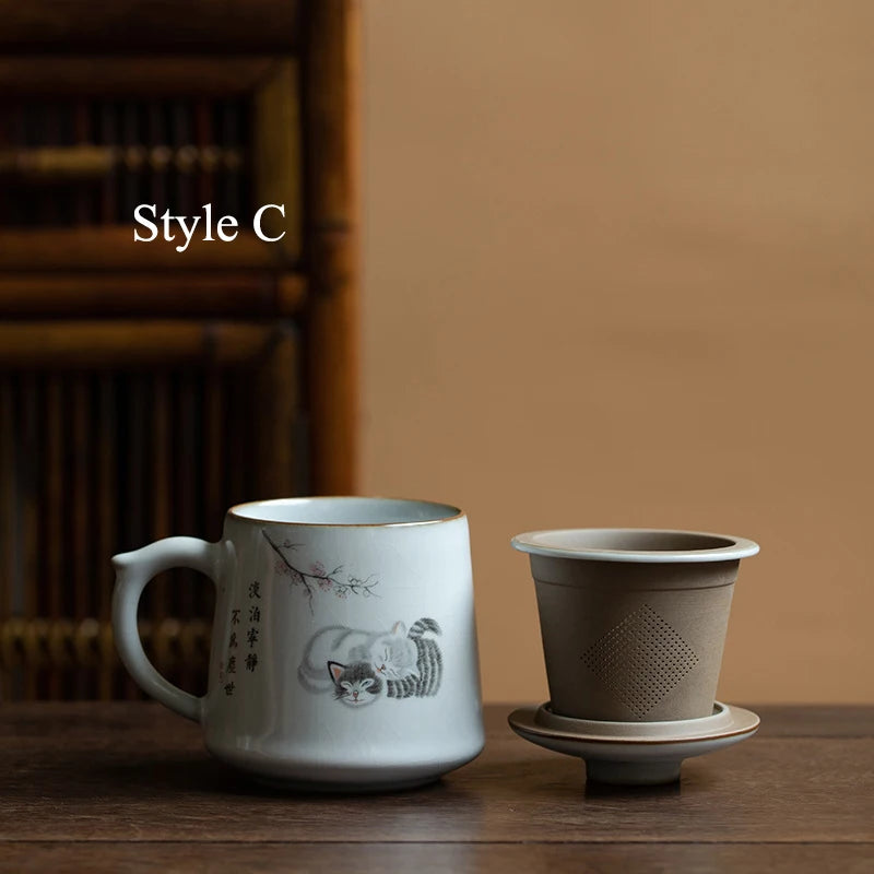 yuntasty ceramic tea mugs with filters cute cat coffee cup chinese tea cup drinkware 380ml