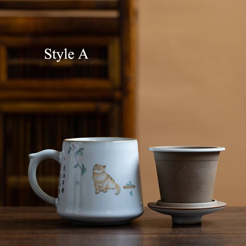 yuntasty ceramic tea mugs with filters cute cat coffee cup chinese tea cup drinkware 380ml