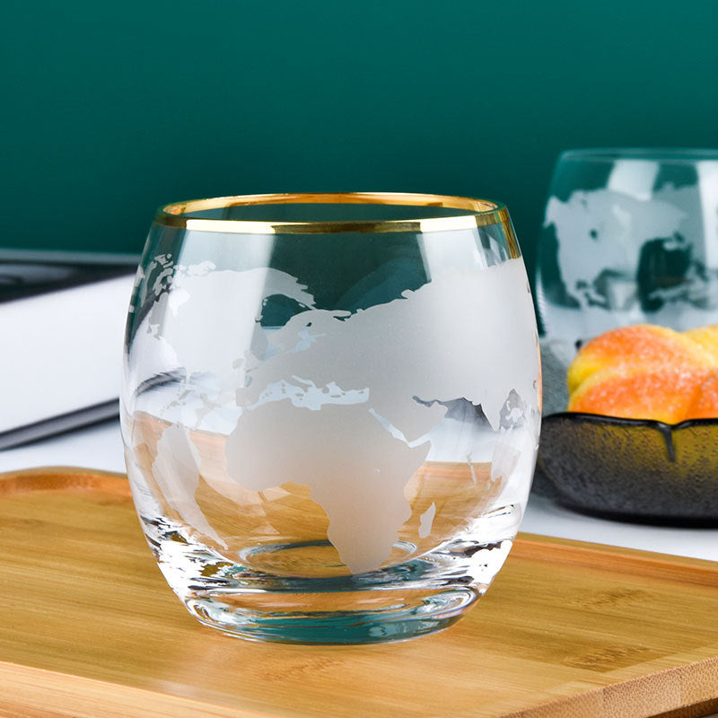 Crystal Glass Transparent Household Gold Rim Map Water Cup, Drink Cup Whiskey Glass