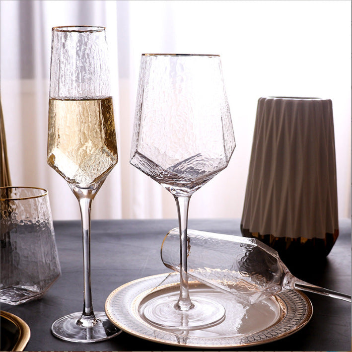 Japanese-Style Gold Rim Crystal Glass Diamonds-Shaped Goblet, Creative Hammered Water Cup, Home Decoration Champagne Glass