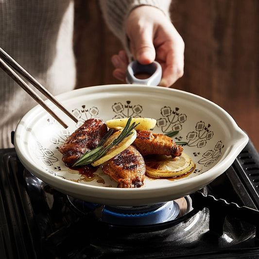 Japanese-Style Creative with Handle Single Handle Plate, Oven Baked Rice Baking Tray, Home Naked-Fire Heating Ceramic Pan Frying Pan