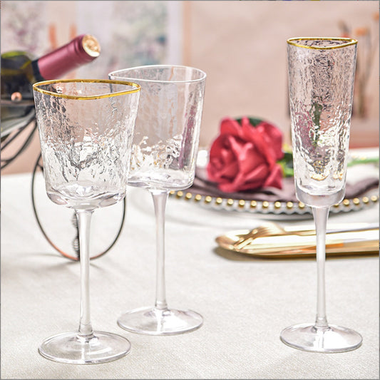 Nordic Light Luxury Hammered Pattern Golden Trim Triangle Glass, Good-looking Crystal Red Wine Glass, Champagne Glass Water Cup Decorative Cup