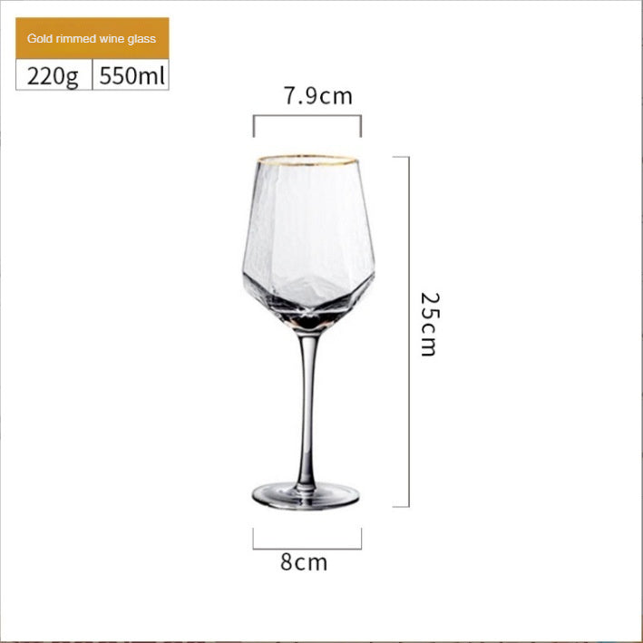 Japanese-Style Gold Rim Crystal Glass Diamonds-Shaped Goblet, Creative Hammered Water Cup, Home Decoration Champagne Glass