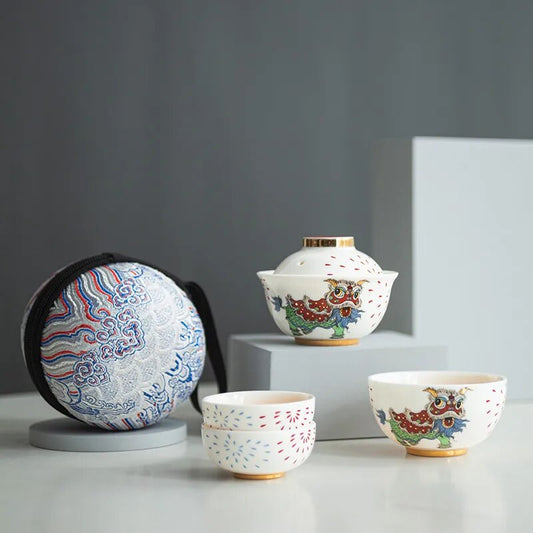 yuntasty Lucky Cat Ceramic Teapot with 3 Cups with Travel Case